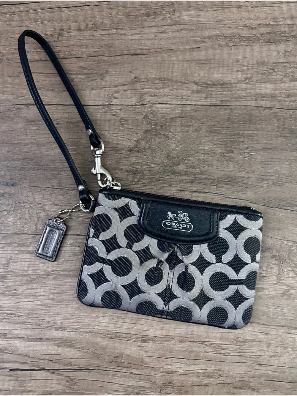 Coach Black & Gray Signature Wristlet with Leather Trim